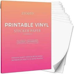 Premium Printable Vinyl Sticker Paper - Glossy White 8.5 x 11 inch Sheets for Your Inkjet Or Laser Printer - 15 Waterproof Decal Paper Sheets Dry