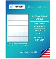 Premium Label Supply Glossy Clear Sticker Square Labels 2 x 2 inch Laser/Inkjet Compatible (20 Labels/Sheet), 10 Sheets 200 Total Adhesive Labels,