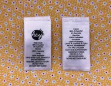 Custom Printed Double Sided Satin w/ Woven Edge Care Labels - White Labels with Black Print - Straight Cut/No Folds - 1