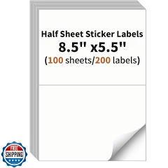 Half Sheet Labels, 2 per Sheet, 100 Sheets, 200 Labels, 8.5