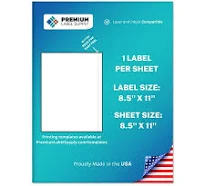 Premium Label Supply White Sticker Full Sheet Shipping Labels 8.5 inch x 11 inch Laser/Inkjet Compatible (1 Label/Sheet), 25 Sheets - Letter Size,