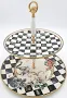 Victoria Enamel 2-Tier Cookie Stand, Black White Checkers, Floral Accents, Gold Handle