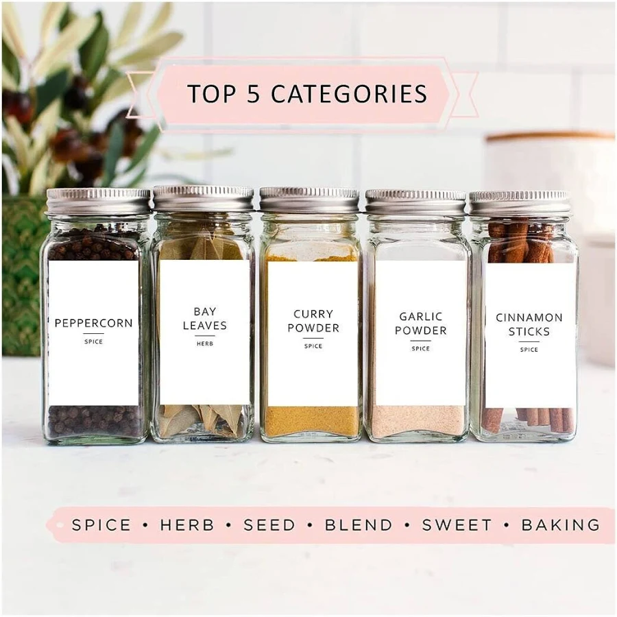 Minimalist Spice Labels - 160 Waterproof Labels, Preprinted Herb Stickers, Self Adhesive, Conform to Most Seasoning Containers - (Rectangle)