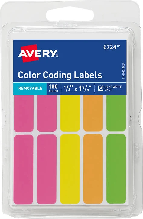 Avery Removable Color-Coding Labels, Removable Adhesive, 1/2 x 1-3/4, Assorted Neon Colors, 180 Labels (6724) - Save On Bulk Orders