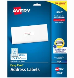 AVERY Inkjet Label, 2 5/8 in Label W, 1 in Label H, 30 Labels per Sheet White, 727828160
