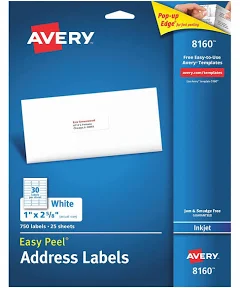 Avery Inkjet Label: 8160, White, 1 in Label Ht, 2 5/8 in Label Wd, 750 Labels, 25 PK [PK/25] Model: 727828160
