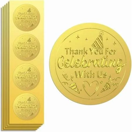 Gold Foil Stickers Seals Embossed Thank You for Celebrating with US 2 Inch 100Pcs Self Adhesive Gold Around Embossing Sticker for Thanks Gift Card 