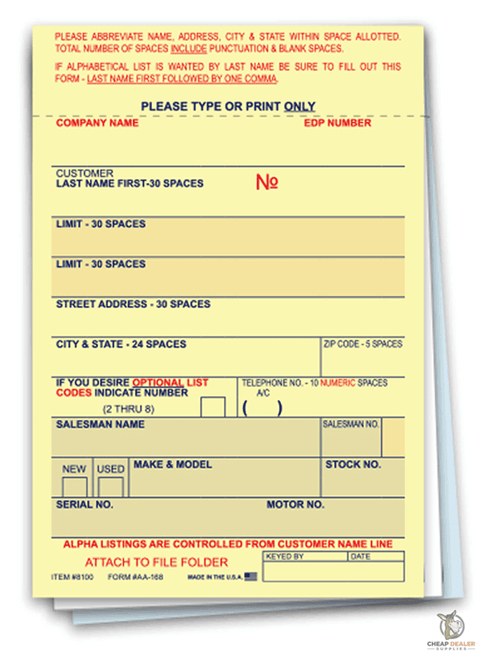 Vehicle Deal Labels (3-part) (Form #AA-168) (100 per pack)