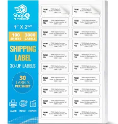 Shop4mailers 30-Up White Permanent Self Adhesive Shipping Labels 1 x 2 5/8 Easy Peel Stickers for Laser & Inkjet Printers - 100 Sheets - 3,000 Count
