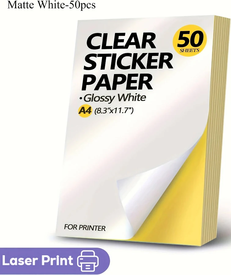 50 Sheets A4 Self-Adhesive Sticker Labels - Matte & Shiny Finish, Inkjet Printer Compatible, Quick &