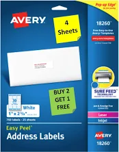 [4 Sheets] Avery 18260 Mailing 1 X 2 5/8 Labels White Laser/inkjet