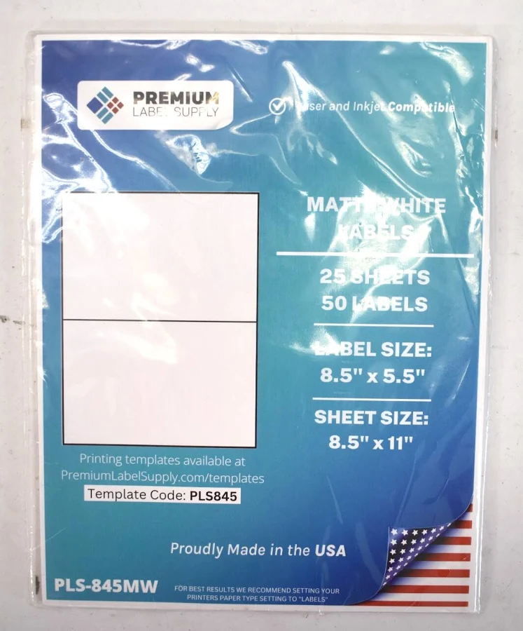 Premium Label Supply Matte White Adhesive Labels 8.5" X 5.5" 50 Pack