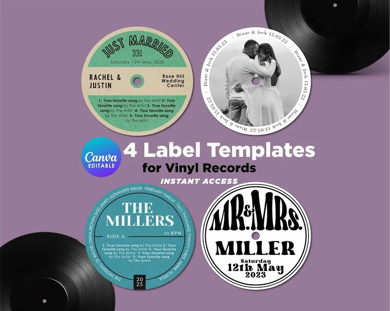 Bundle of 4 Vinyl Record Label Templates: Editable LP Stickers Canva Design (Digital Download)
