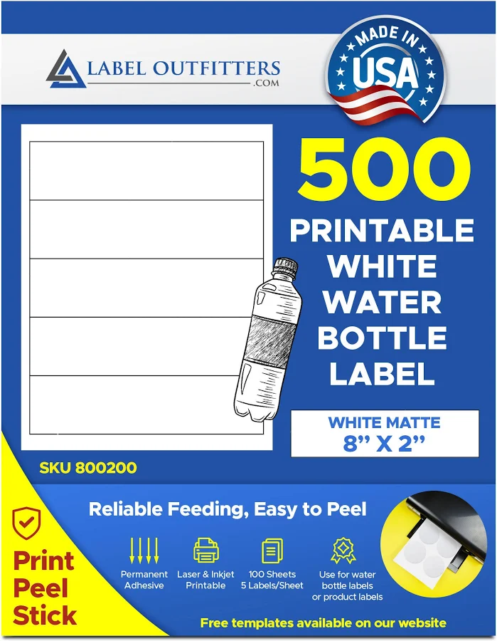 500 Label Outfitters Large White Matte Labels 8" x 2" inches 5 Labels per Sheet 100 Sheets