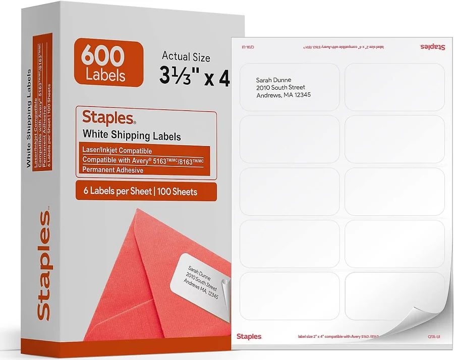 Staples Laser/Inkjet Shipping Labels 3 1/3 x 4