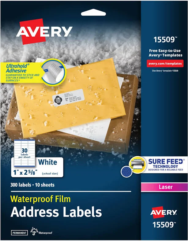 Avery Waterproof Film Address Labels with Sure Feed Technology. Laser