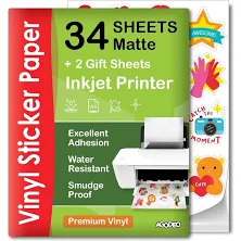 Laser & inkjet printer labels, 34 Sheets Premium Printable Vinyl Sticker Paper Inkjet Printer - Self-Adhesive Matte White, High Quality & Smudge