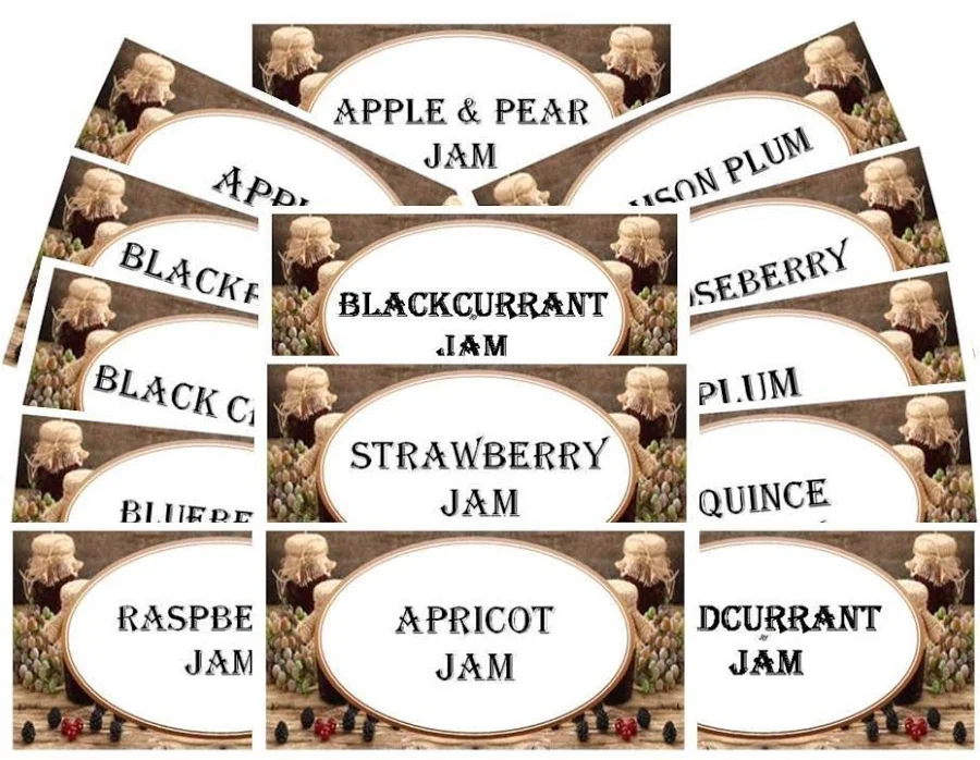 24 x Jam Jar Labels, Traditional Dark Type, Self Adhesive, Attractive Designs 70mm x 35mm. Choose your fruit