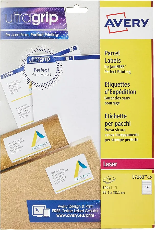 Avery Self Adhesive Address Mailing Labels, Laser Printers, 14 Labels Per A4 Sheet, 140 Labels, UltraGrip (L7163), White