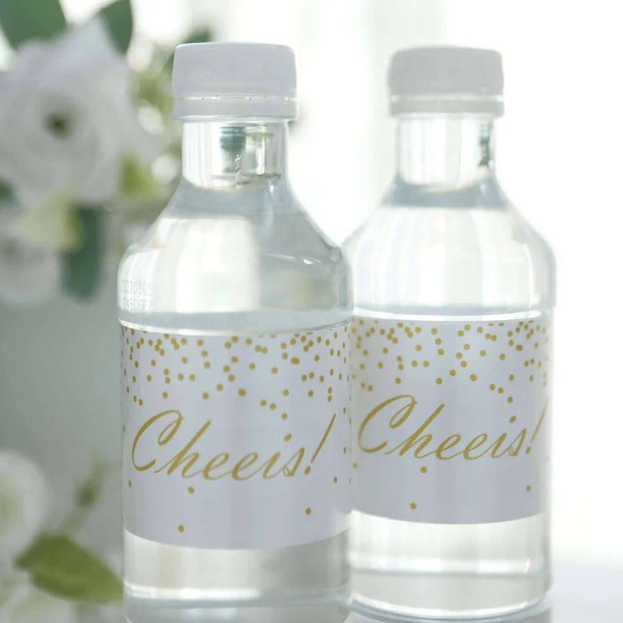 TableclothsFactory 24-Pack White/gold Water Bottle Labels Cheers Wedding Party Waterproof Bottle Stickers