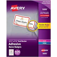 Avery Name Badge Label - 2 21/64" Width x 3 3/8" Length - Removable Adhesive - Rectangle - Inkjet, Laser - Matte - White, Red - Red Border - Film