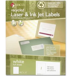 Maco Recycled Laser and Inkjet Labels, 8-1/2 x 11, White, 100/Box