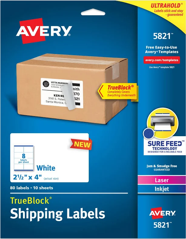 Avery Shipping Labels 2-1/2 inch x 4 inch White TrueBlock Laser/Inkjet 80 Labels