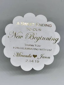 Gold Foil Wedding Favor Labels: 2.5" Scalloped Personalized Stickers