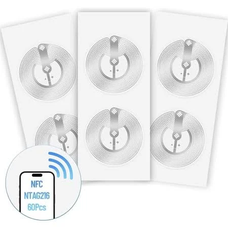 60 count NFC Tags Ntag216 Chip, Programmable NFC Stickers with Adhesive Labels - 888 Bytes Memory, Rewritable Rfid Tags, Works with NFC-Enabled 