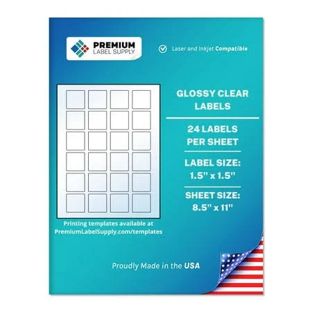 Premium Label Supply Glossy Clear Sticker Square Labels 1.5 x 1.5 inch Laser/Inkjet Compatible (24 Labels/Sheet), 10 Sheets 240 Total Adhesive Labels,