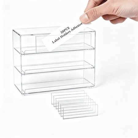 Smlper 50 Pack 4 inch x 1 inch Shelf Tag Label Holders, Adhesive Clear Shelf Tag Index Card Pockets, Plastic Drawers File Cabinet Storage Bins Label 