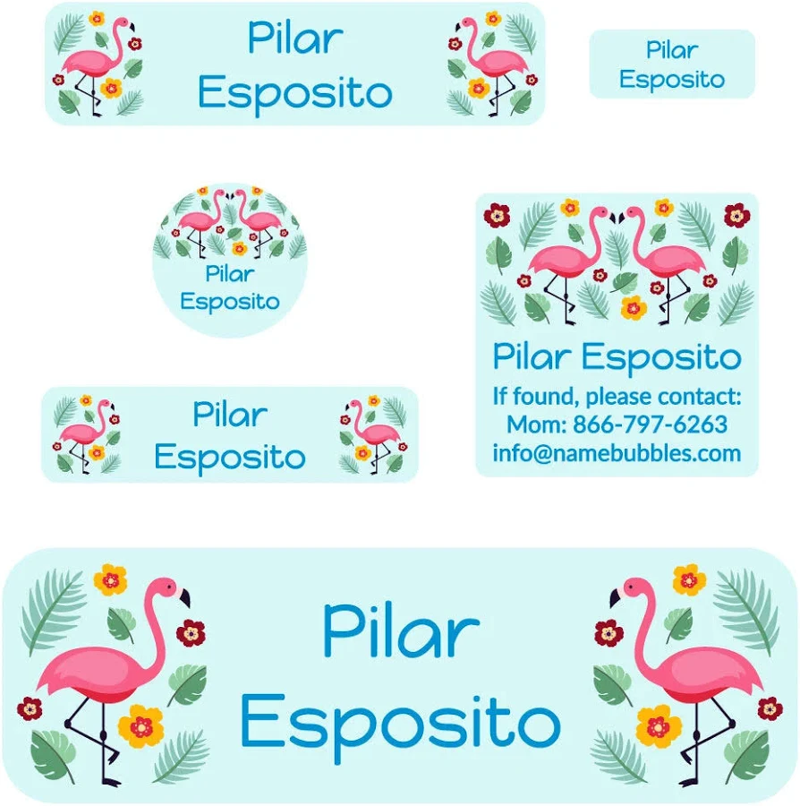 Personalized School Labels Pack - Flamingo School Labels Pack - Flamingo Light Blue by Name Bubbles