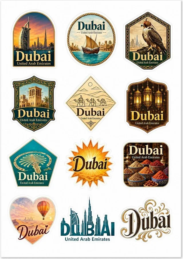 Dubai Sticker Sheet: 12 Pack United Arab Emirates Souvenir Vinyl Decals