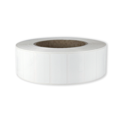 Polyethylene self-adhesive labels 38x19 mm durable white glossy plastic for thermal transfer, 3000 labels per roll