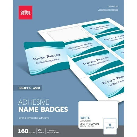 Office Depot Name Badge Labels, 2 1/3in. x 3 3/8in., White, Pack Of 160, Od98843, Size: Large