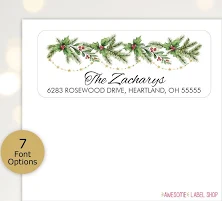 Christmas Watercolor Garland Address Labels with Gold Stars, Holiday Return Address Stickers, Personalized Christmas Card Address Labels