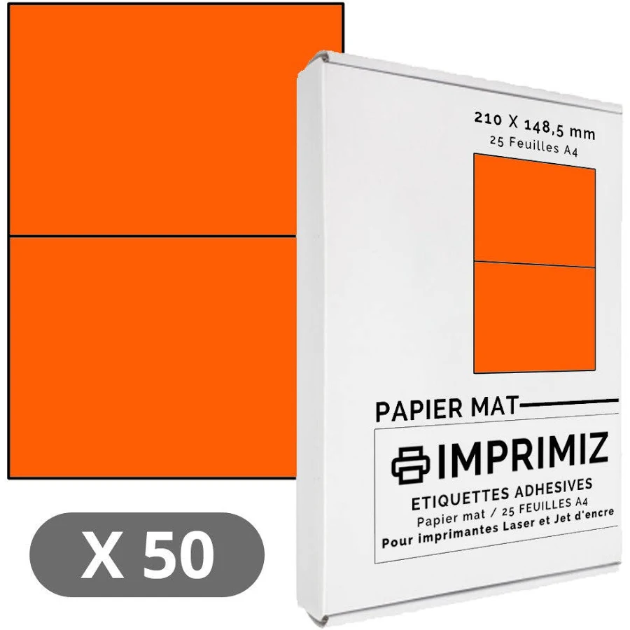 50 Labels 210 x 148.5 mm - Fluorescent orange - 25 A4 self-adhesive sheets