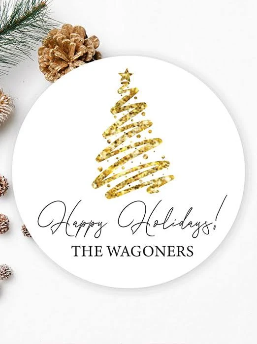 Gold Glitter Tree Christmas Sticker Labels