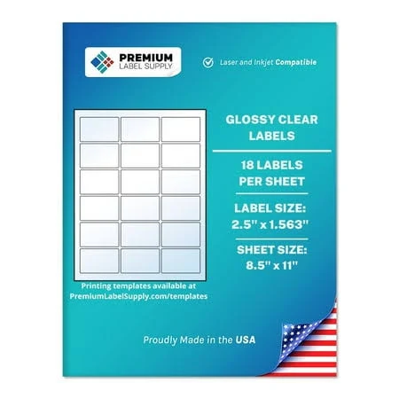 Premium Label Supply Glossy Clear Labels 2.5 inch x 1.563 inch Laser/Inkjet Compatible (18 Labels/Sheet), 10 Sheets 180 Total Adhesive Labels, Size: 