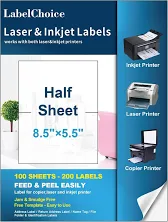 100 Sheets 200 Labels Half Sheet Self Adhesive Shipping Labels For