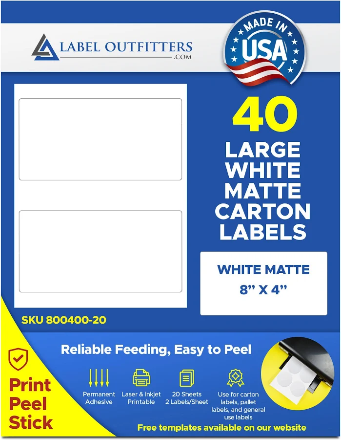 40 Large White Matte Labels 8" x 4" inches 2 Labels Per Sheet 20 Sheets