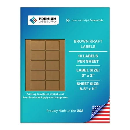 Premium Label Supply Brown Kraft Sticker Labels 3 x 2 inch Laser/Inkjet Compatible (10 Labels/Sheet), 25 Sheets 250 Total Adhesive Labels, Size: 250 