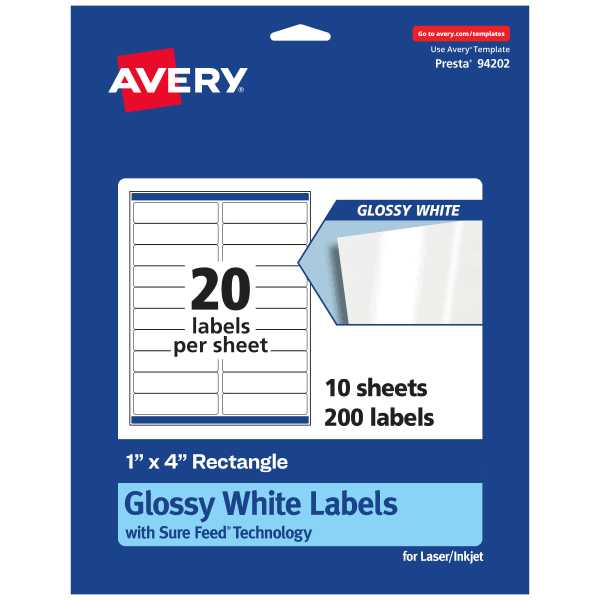 Avery Glossy Permanent Labels Sure Feed 1" x 4" White (Pack of 200)