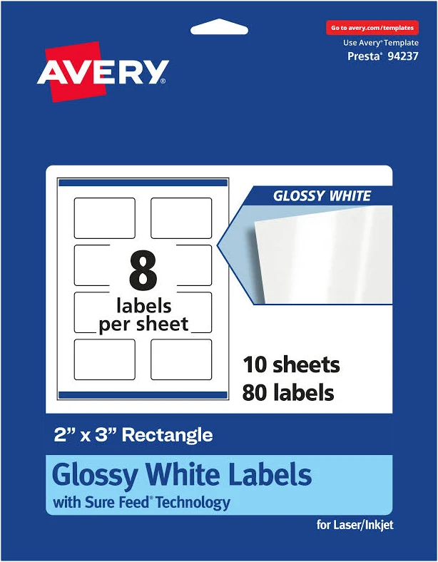 Avery Rectangle Labels 2" x 3" Glossy White 80 Labels/Pack