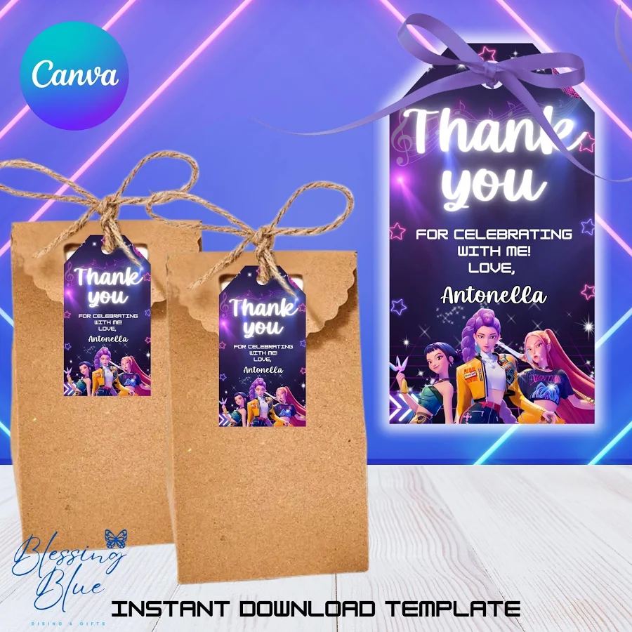 K-Pop Girls Thank You Tags Template. Anime Gift TAGS. Editable Printable Birthday Cards.