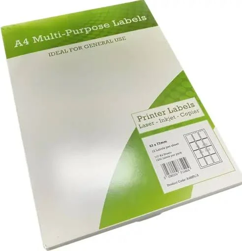 UP A4 Multipurpose Labels 12 Per Sheet 72 x 63.5mm (White) Pk of 100 A4MPL12
