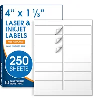 Spartan Industrial Printable Laser and Inkjet Labels - 4" x 1 1/3" White Labels On Printer Sticker Paper - 250 Sheets, 3500 Total Labels for Mailing,