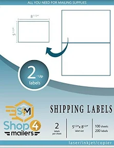 Shop4 Mailers 2 Up White Permanent Self Adhesive Shipping Labels 5½” X 8 1/2” Easy Peel Stickers For Laser & Inkjet Pri