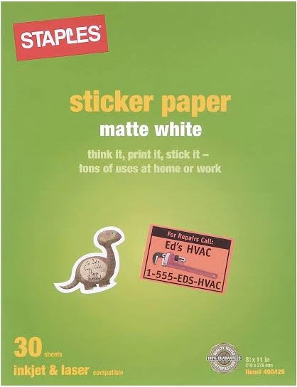 Staples 8.5" x 11" White Matte Sticker Paper
