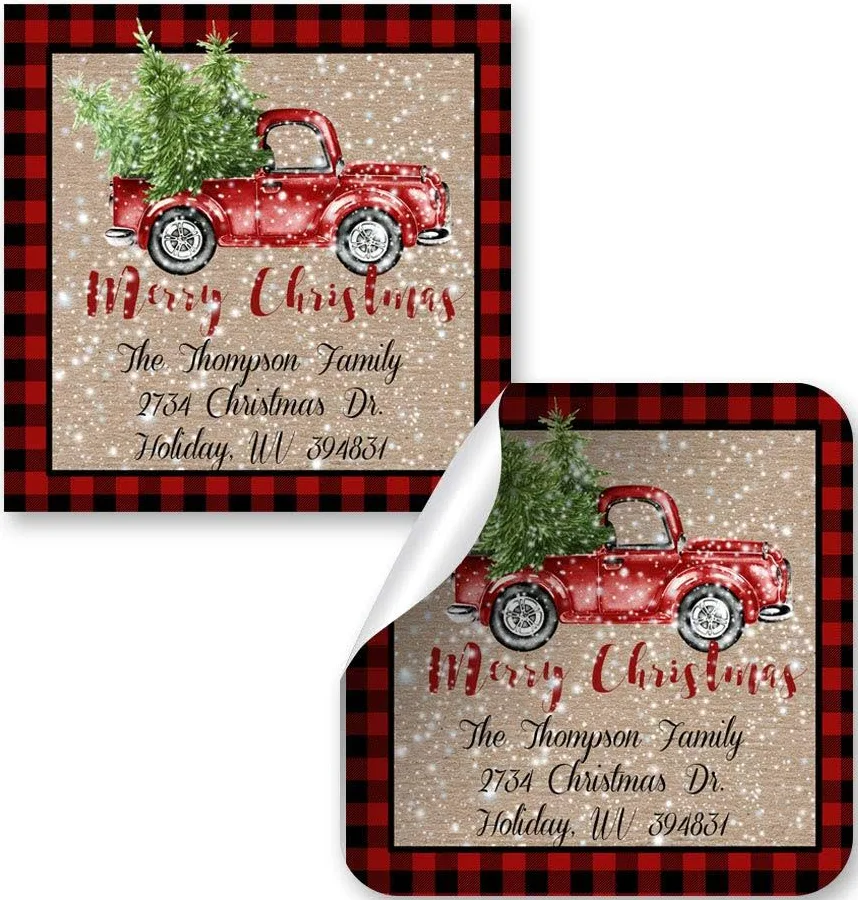 Custom Red Plaid Snowy Christmas Address Labels
